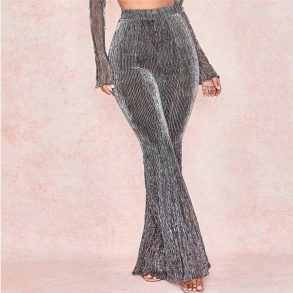 HOUSE OF CB Alexandra Lurex Silver Wide Leg Pants Trousers - Picture 2 of 10